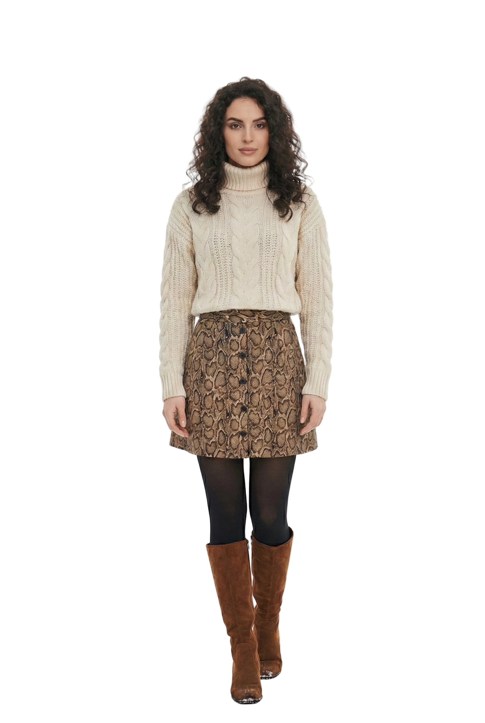 Woman wearing a beige sweater, patterned skirt, and brown boots on a white background