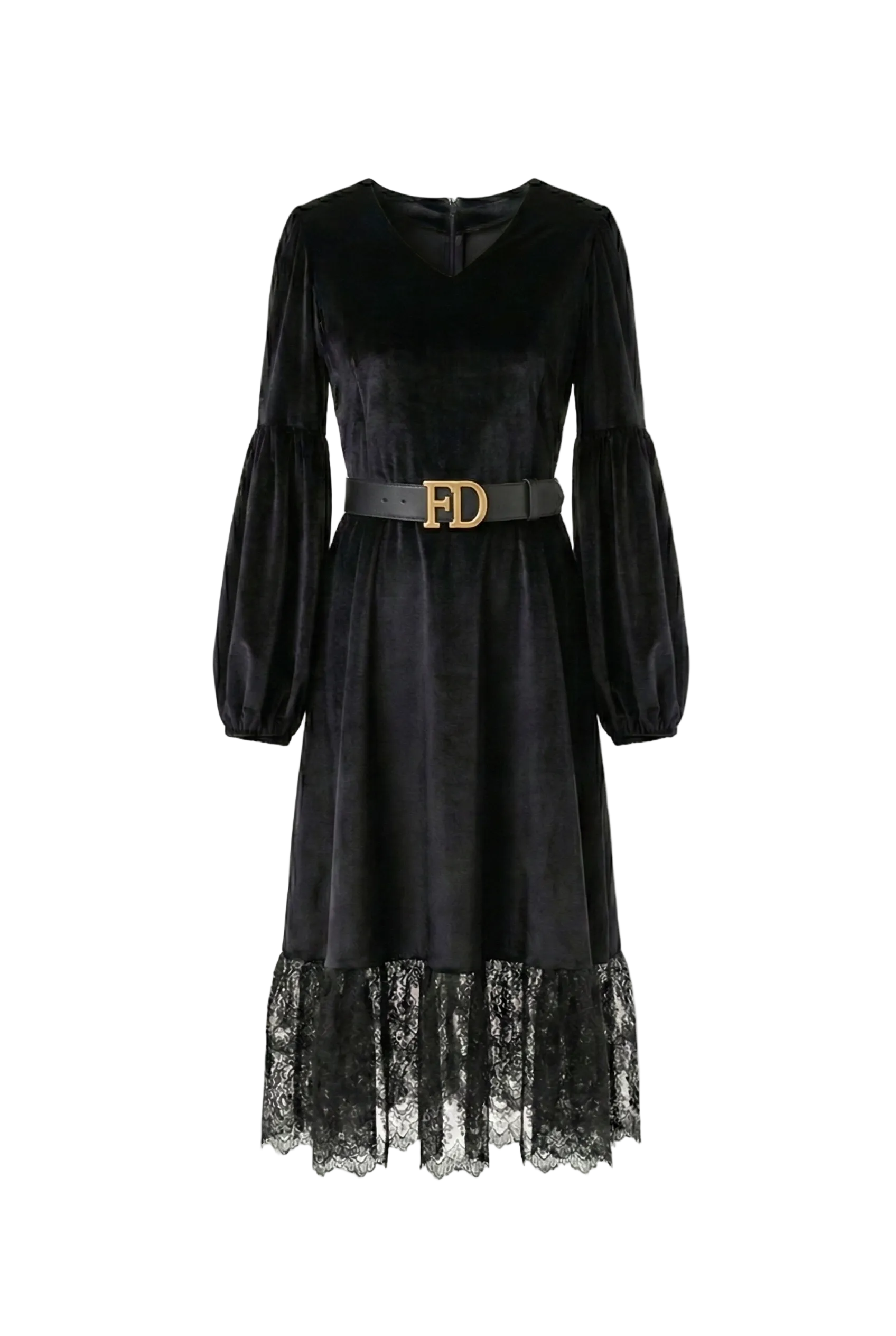 Black dress with lace hem and gold belt on a white background