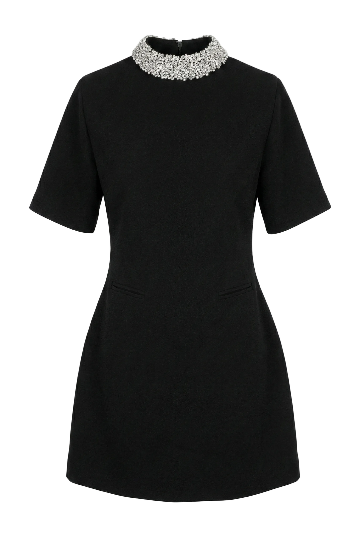 Black dress with embellished collar on a white background
