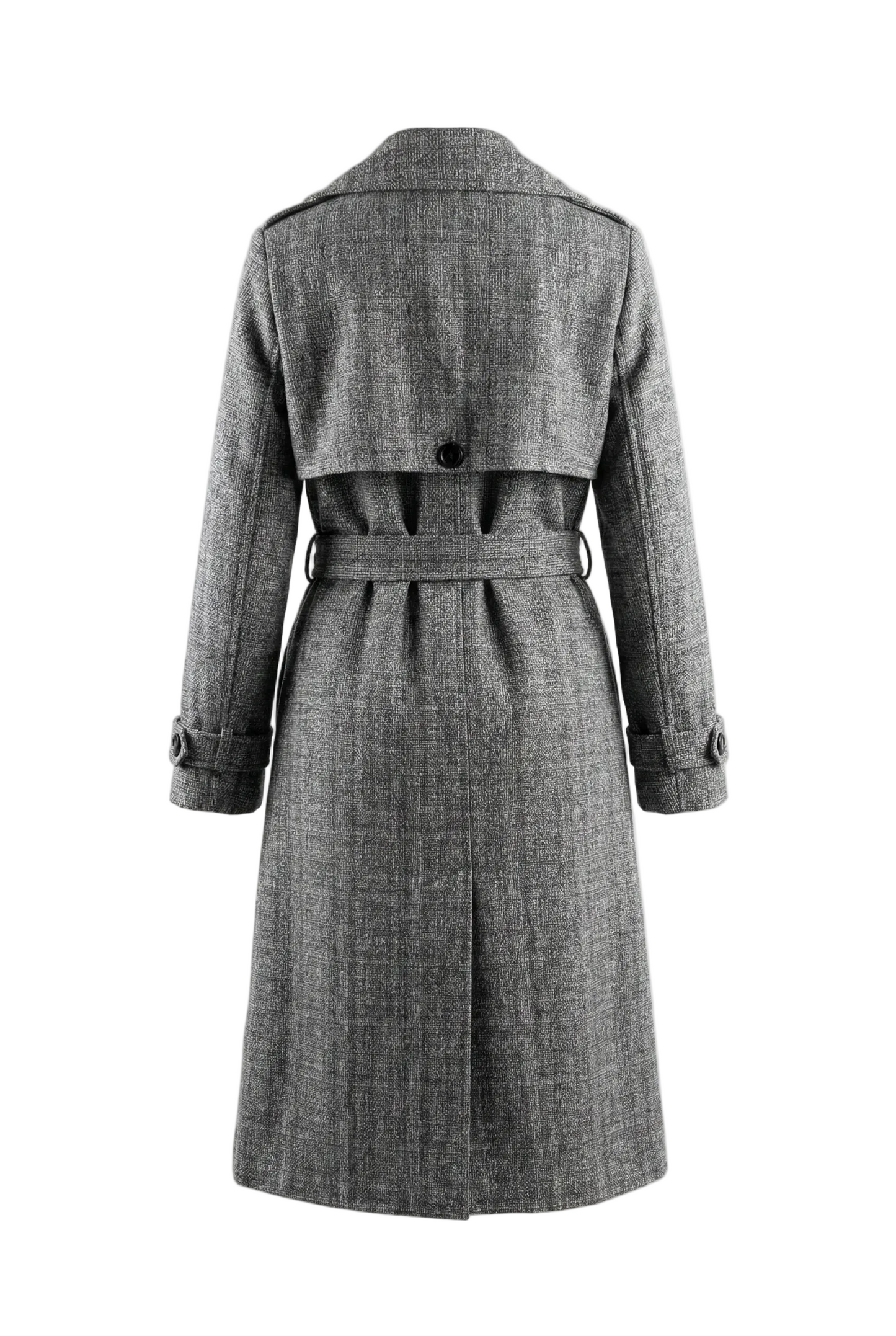 Gray checkered trench coat on a white background