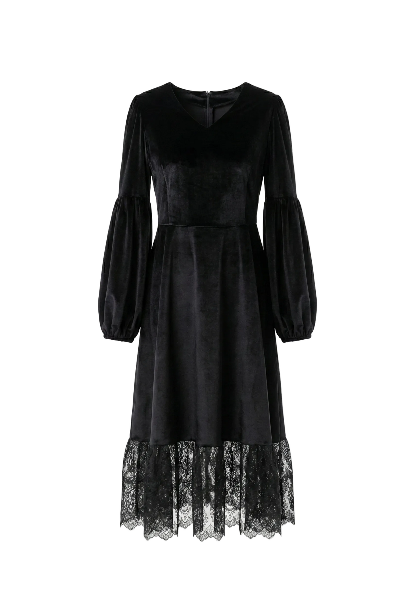 Black dress with lace hem on a white background