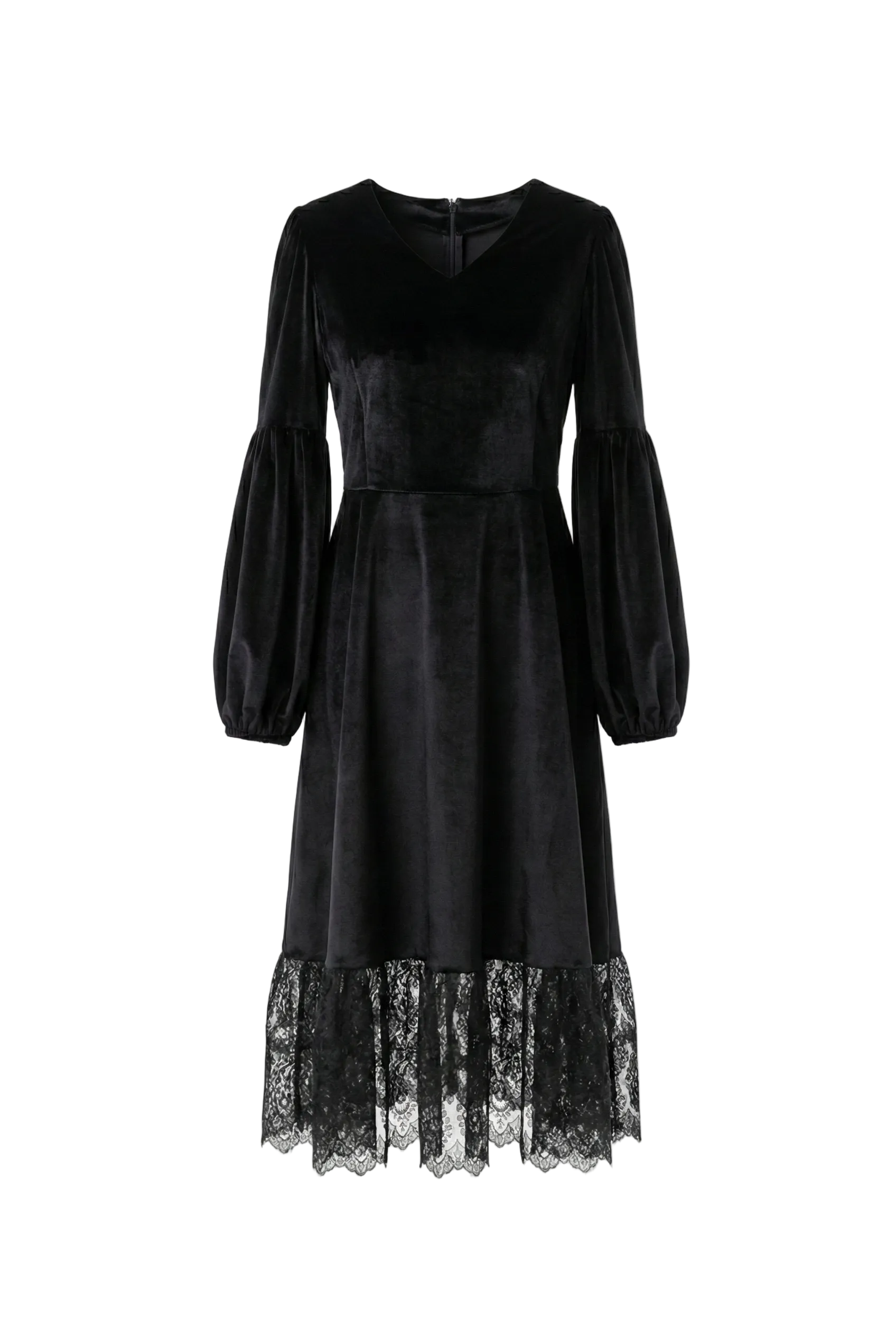 Black dress with lace hem on a white background