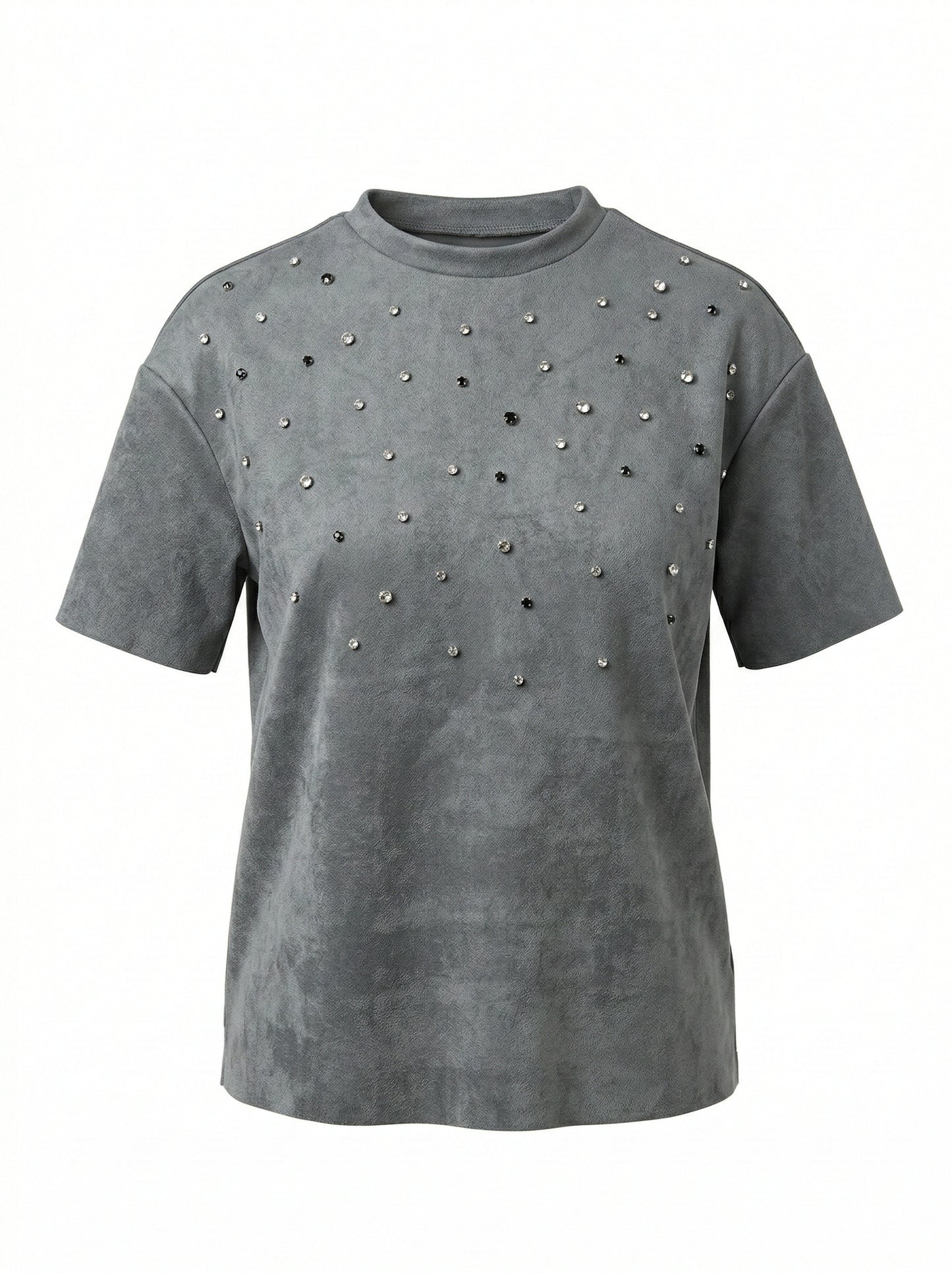 Grey Embellished Suede T-Shirt