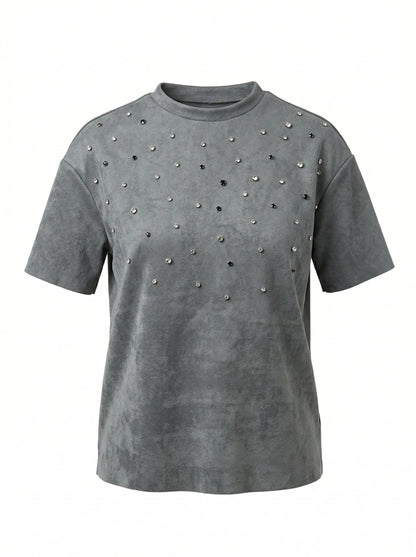 Grey Embellished Suede T-Shirt