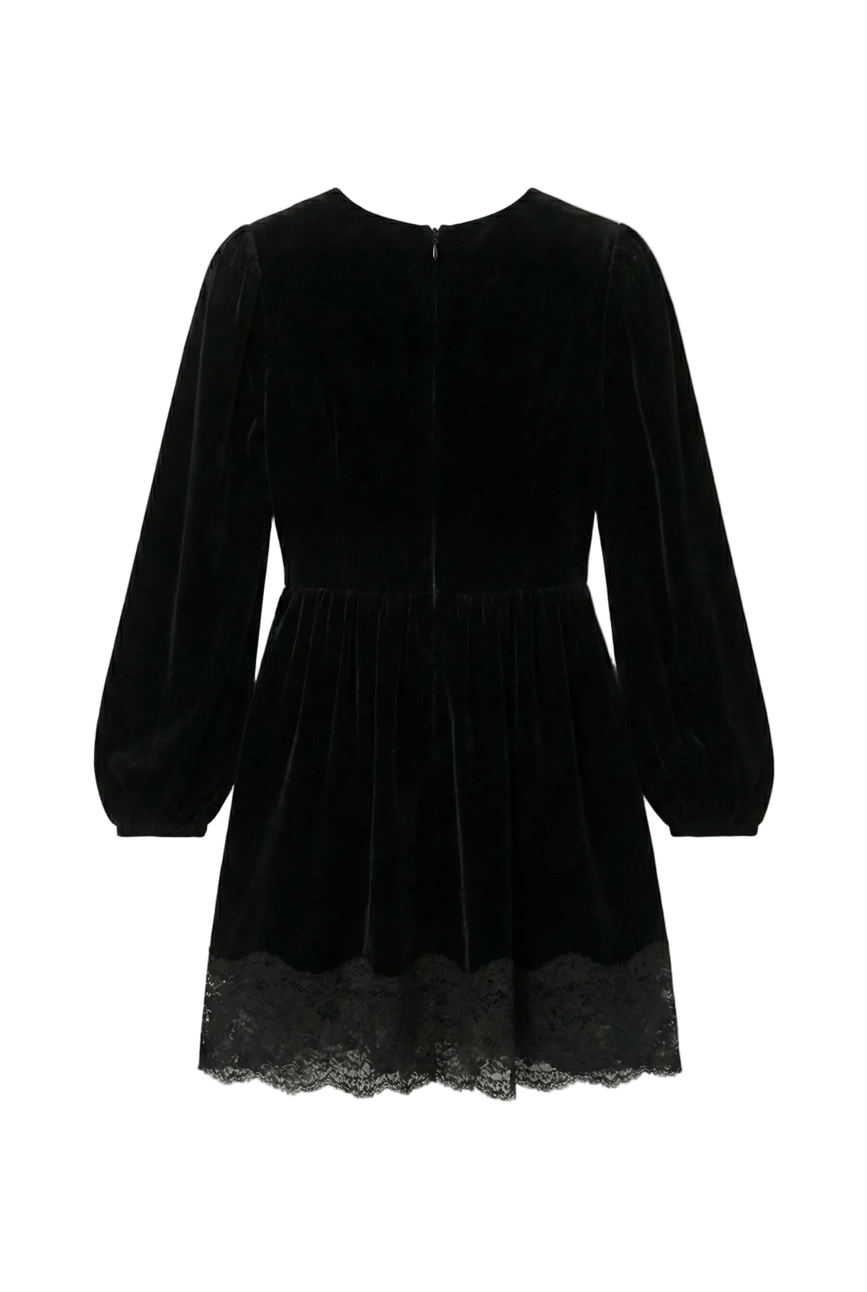 Black velvet dress with lace hem on a white background