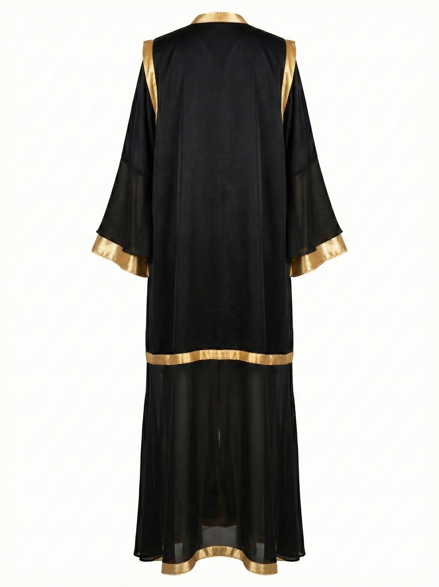 Black dress with gold trim on a white background