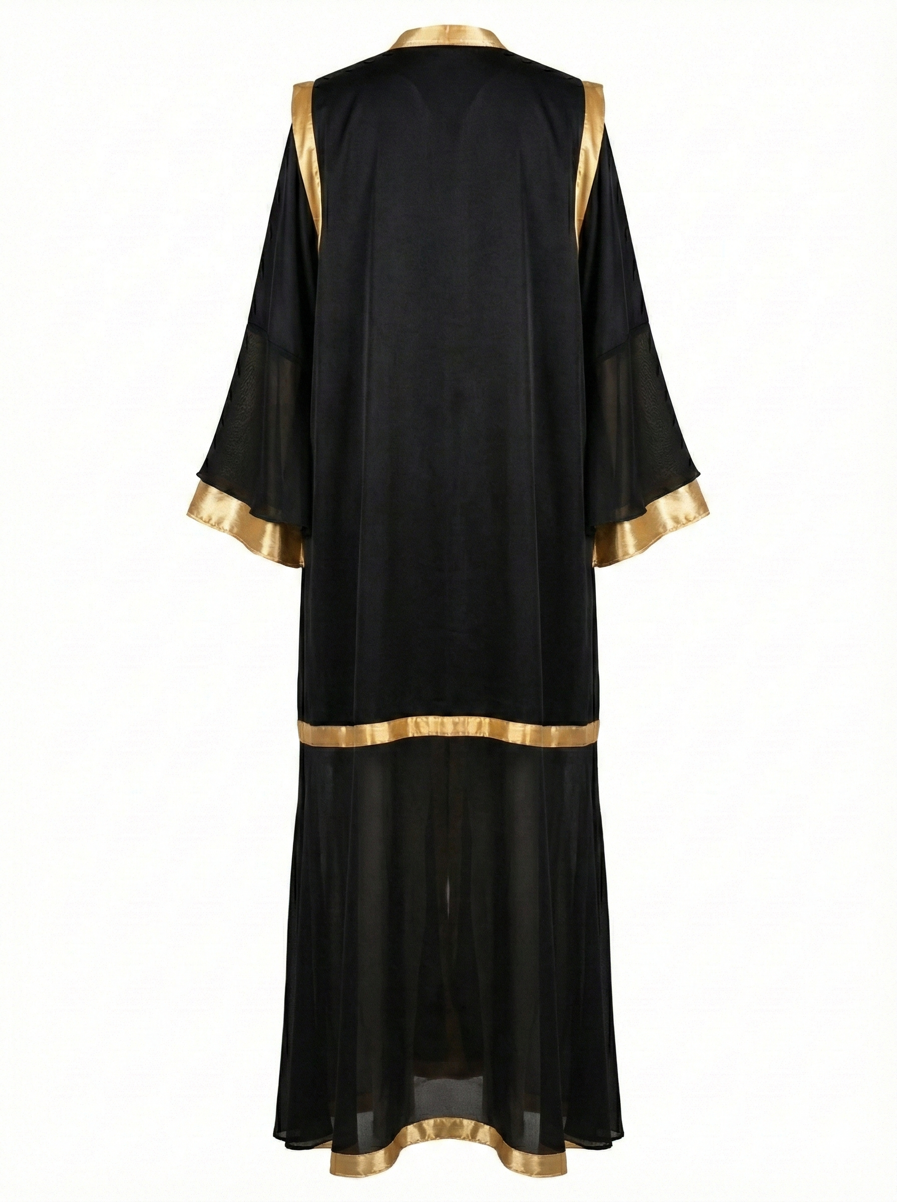 Black dress with gold trim on a white background
