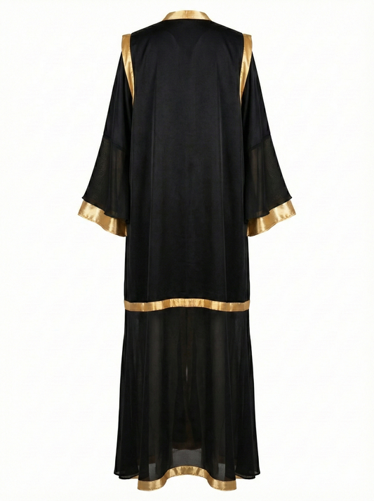 Black dress with gold trim on a white background