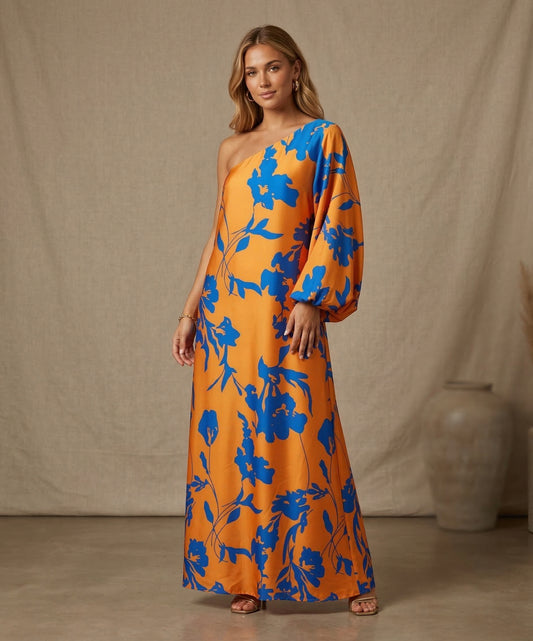 Tangerine & Cobalt One-Shoulder Gown