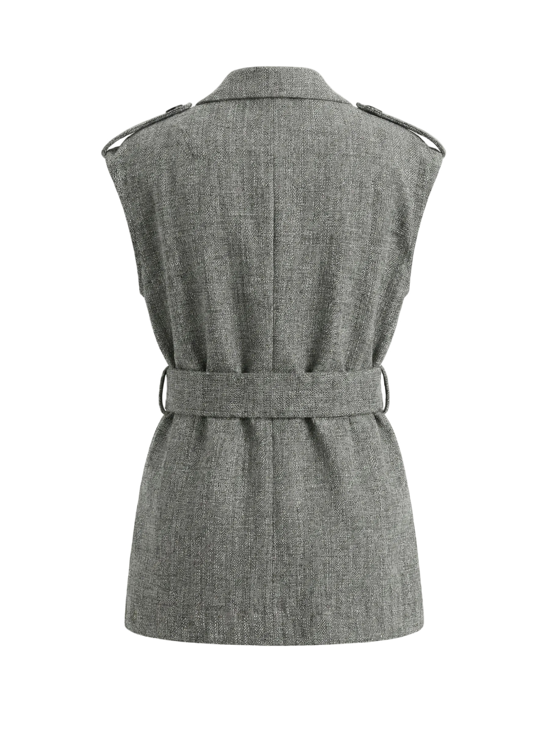 Gray sleeveless trench coat on a white background