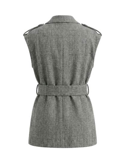 Gray sleeveless trench coat on a white background