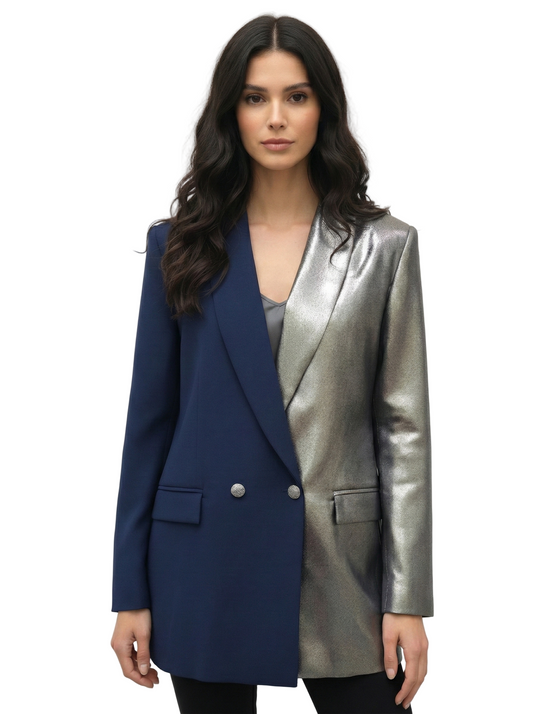 Woman wearing a blue and silver blazer on a white background