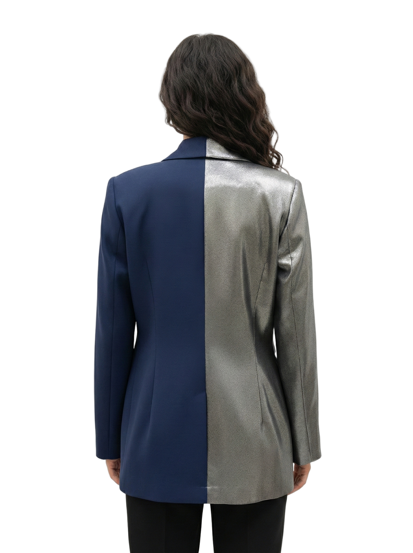 Person wearing a two-tone blue and gray coat on a white background