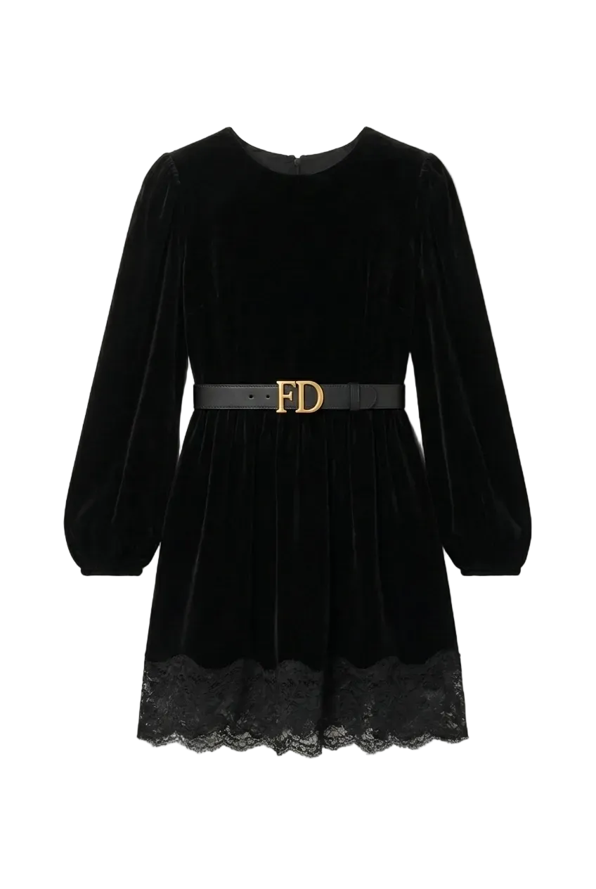 Black velvet dress with lace hem and gold belt on a white background