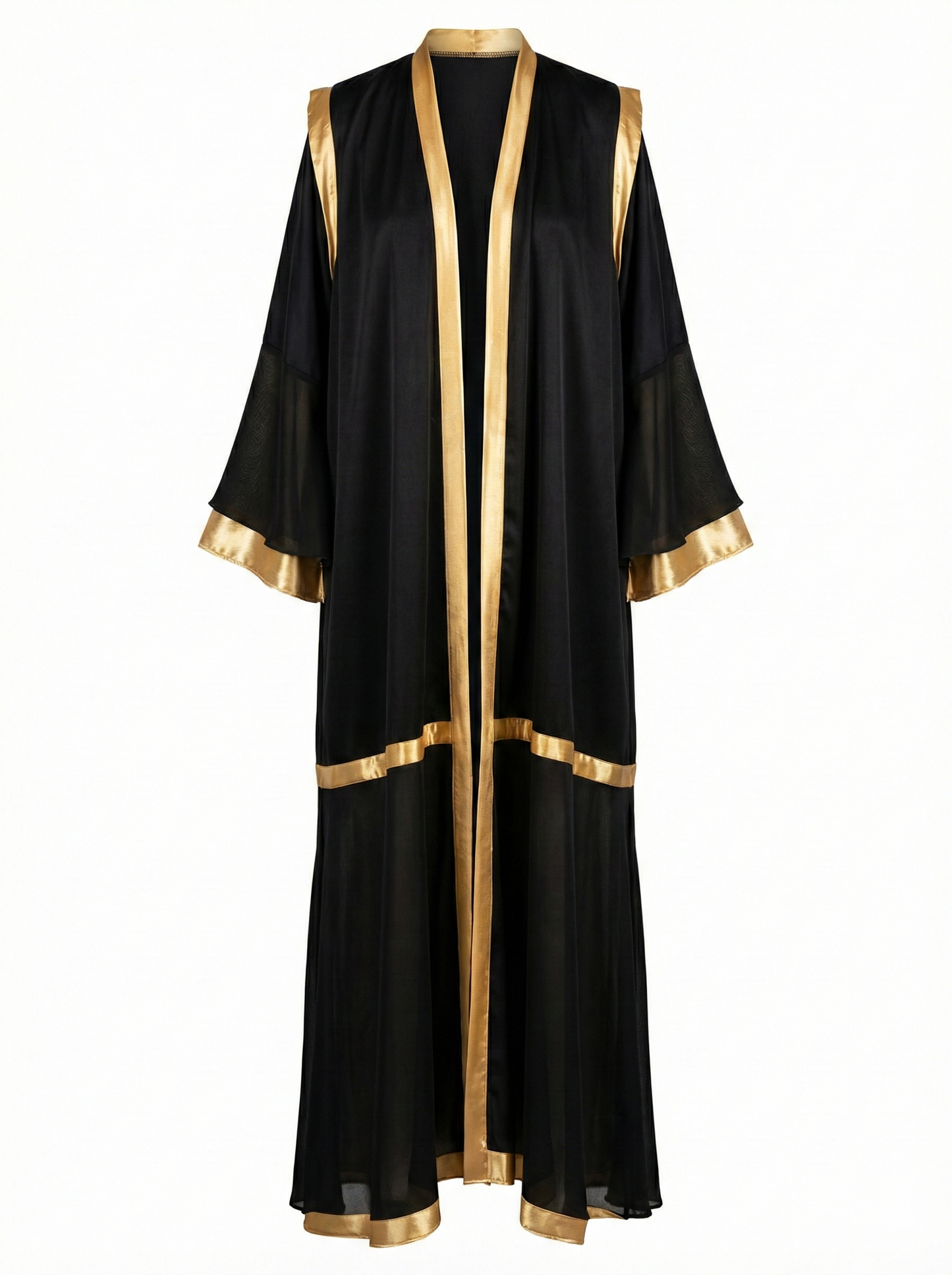 Black abaya with gold trim on a white background