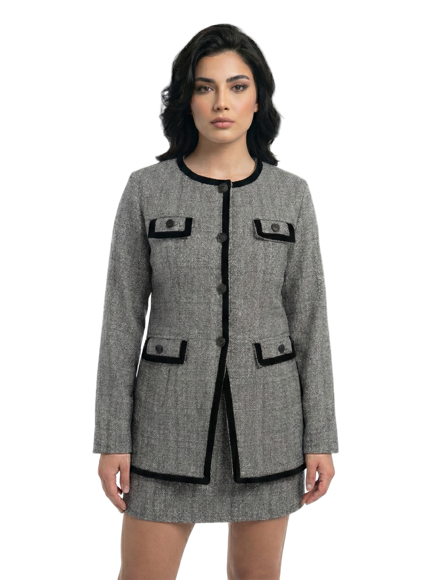 Woman wearing a gray coat with black accents on a white background