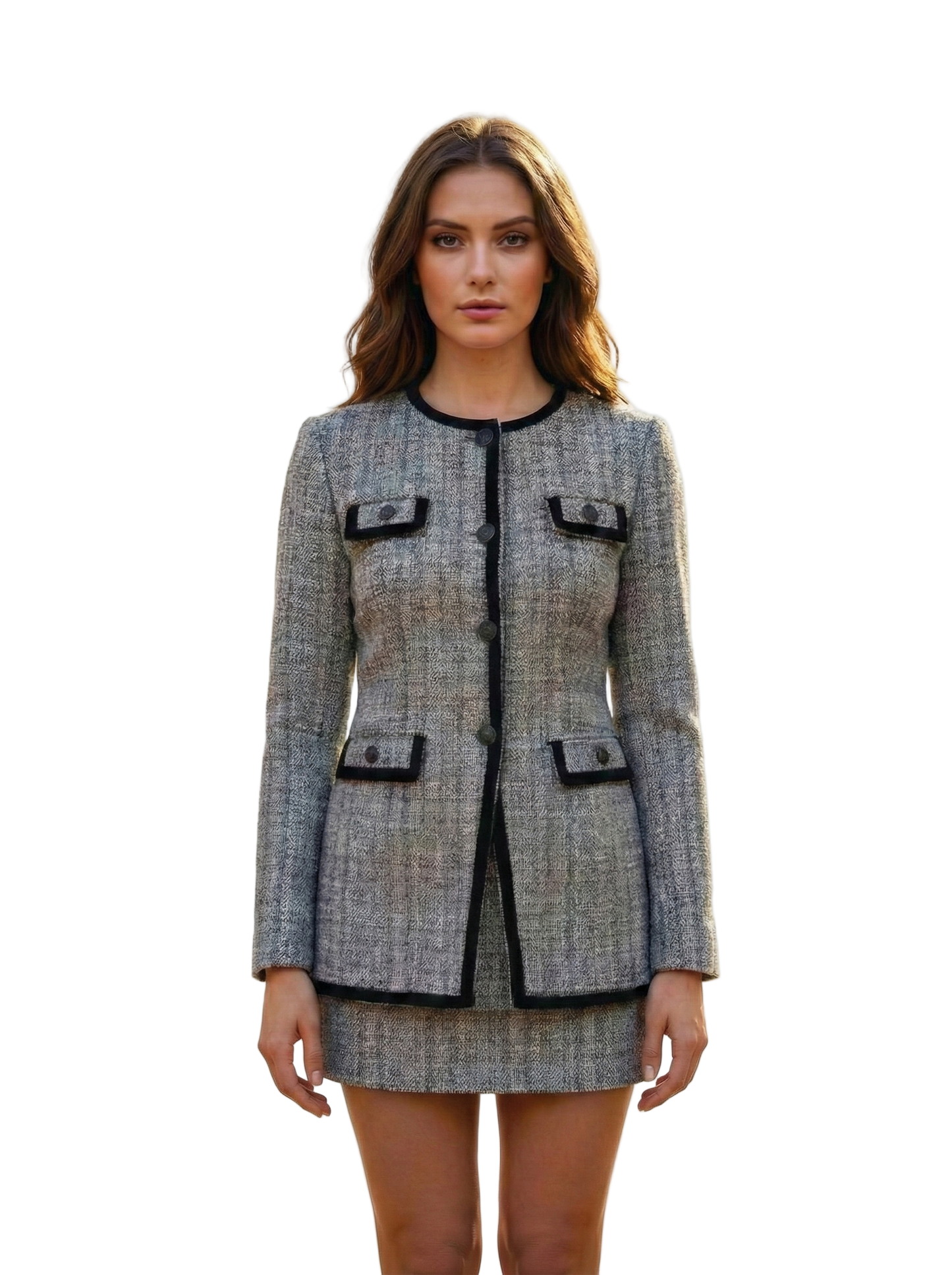 Woman wearing a gray tweed suit with black accents on a white background