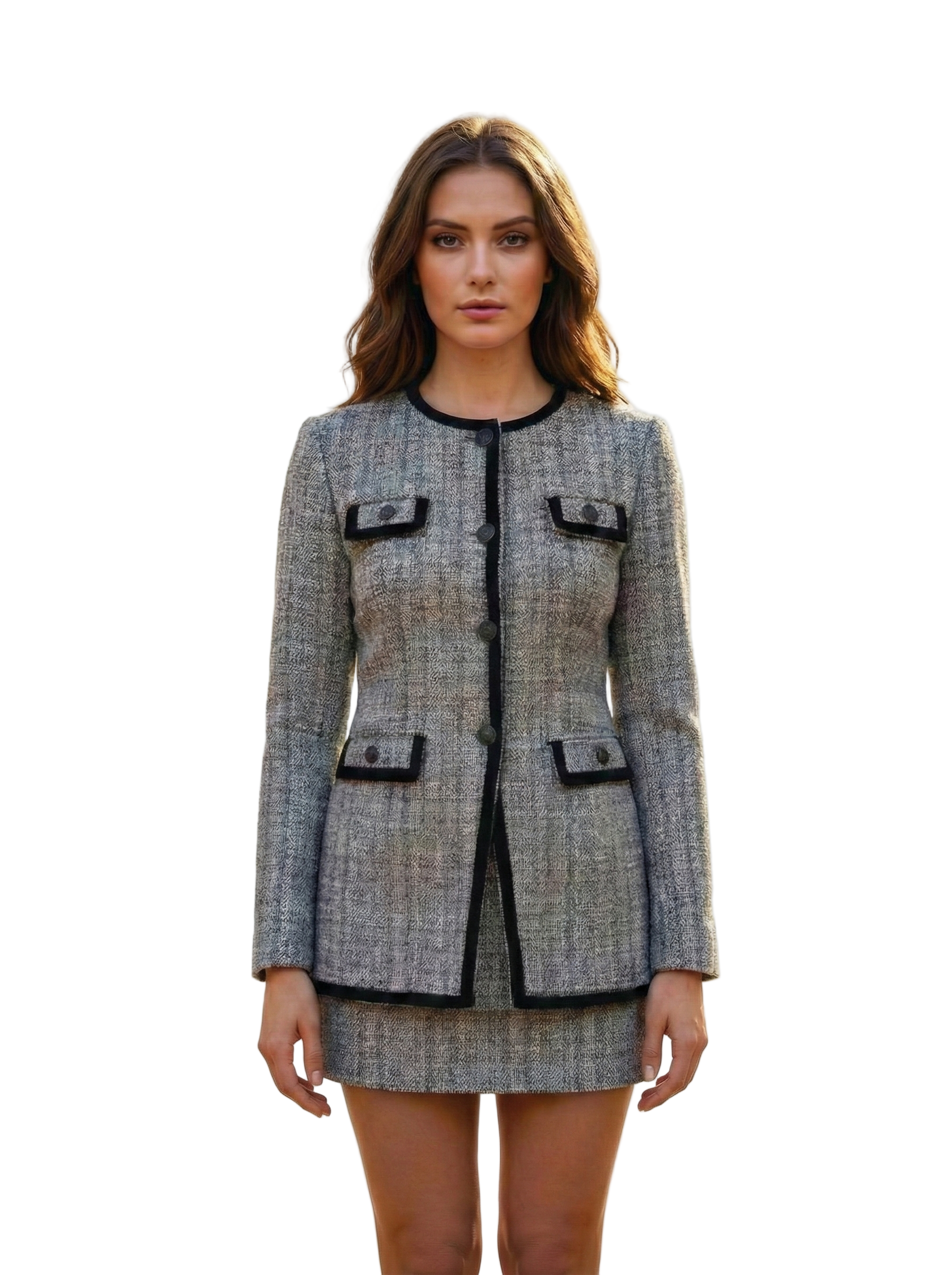 Woman wearing a gray tweed suit with black accents on a white background
