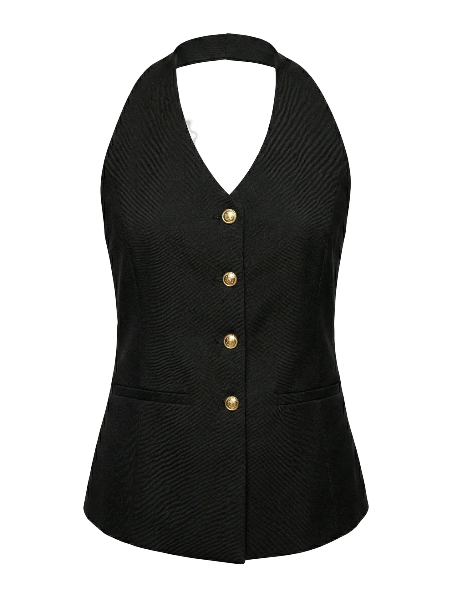 Black vest with gold buttons on a white background