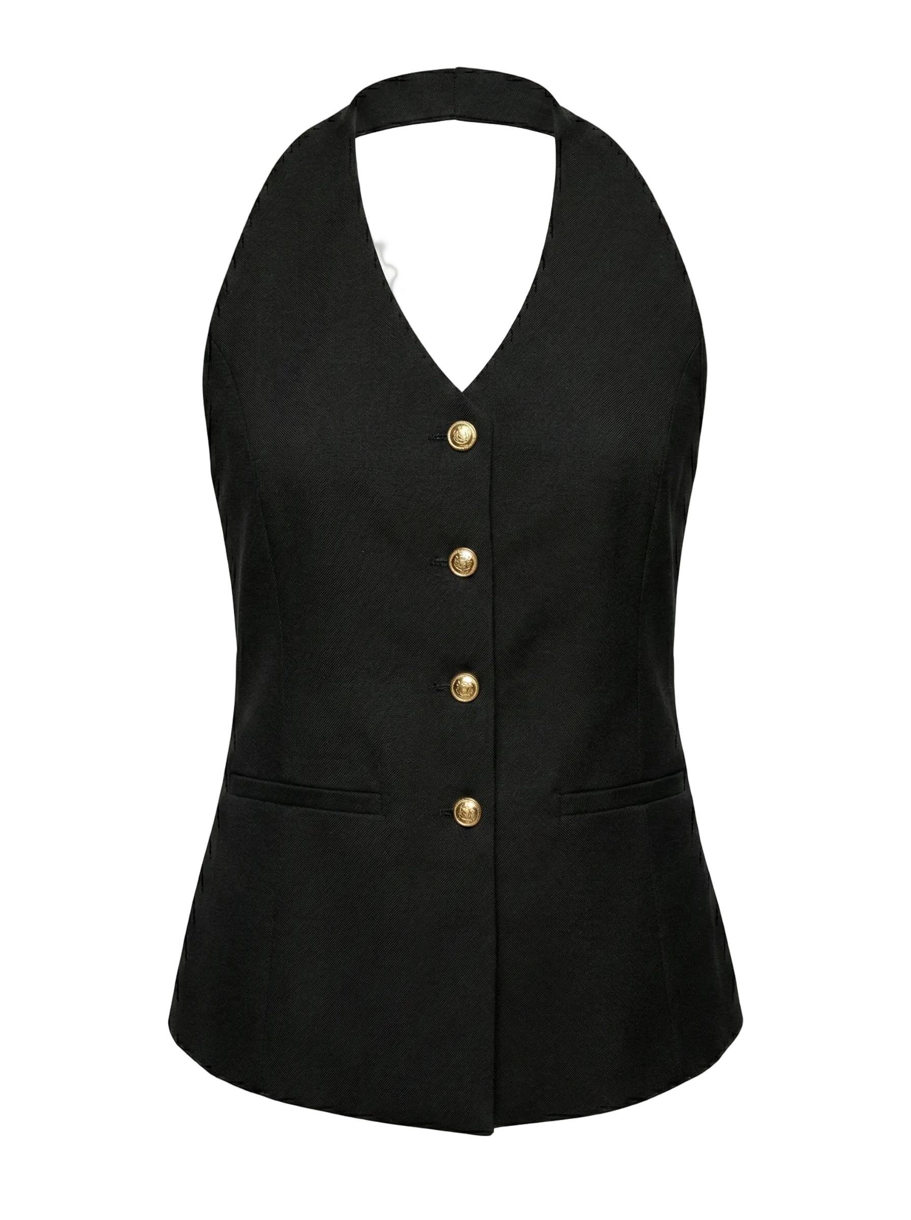 Black vest with gold buttons on a white background