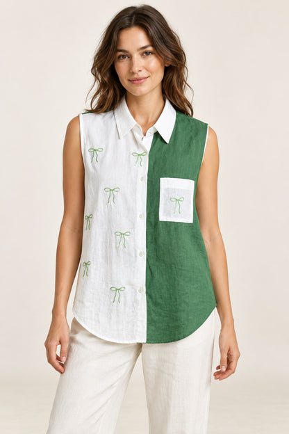 Green and white sleeveless bow shirt on a model, front view