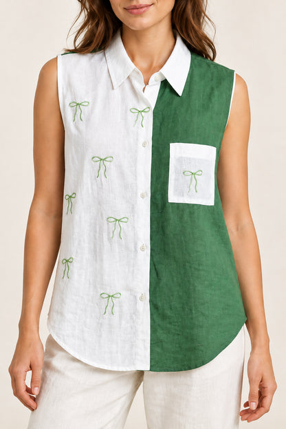 Green and white bow shirt on the same model, front detail