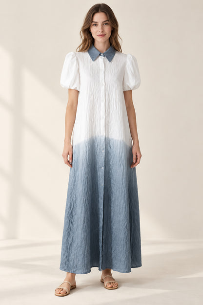 Grey Sunshine white-to-grey maxi shirt dress on a model, front view