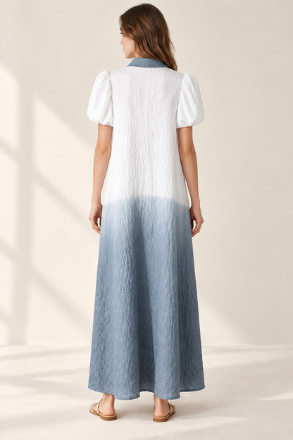 Grey Sunshine maxi shirt dress on the same model, back view
