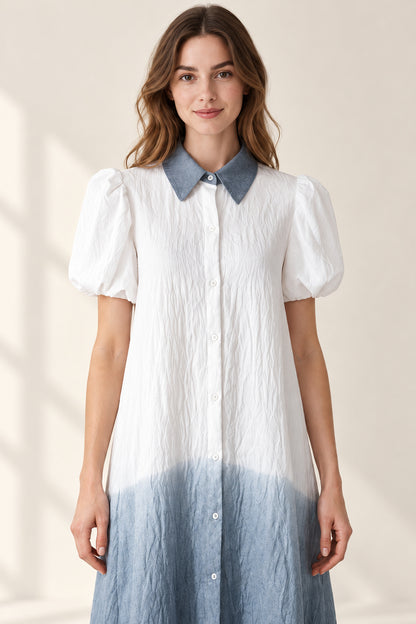 Grey Sunshine maxi shirt dress on the same model, collar and sleeve detail