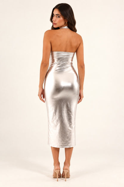Lunar Luxe silver metallic halter midi dress on the same model, back view