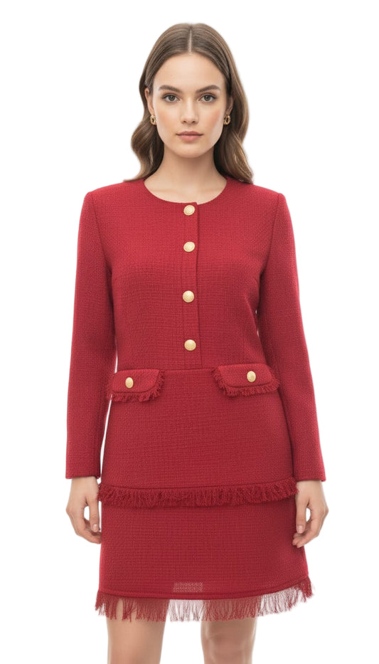 Red dress with Gold buttons worn by a model on a white background