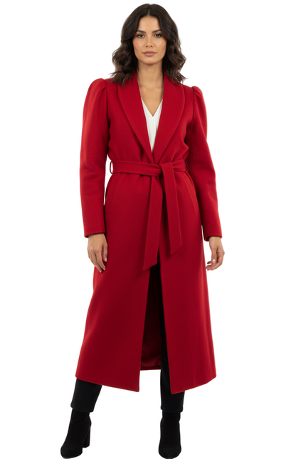 Woman wearing a red coat on a white background
