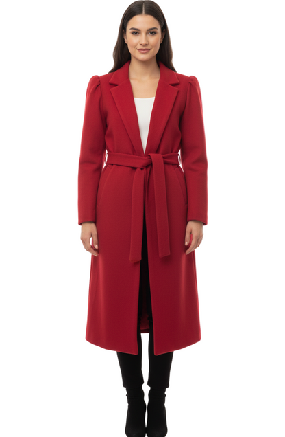 Woman wearing a red coat on a white background