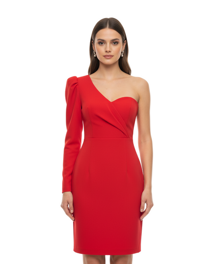 Red one-shoulder dress worn by a model on a white background