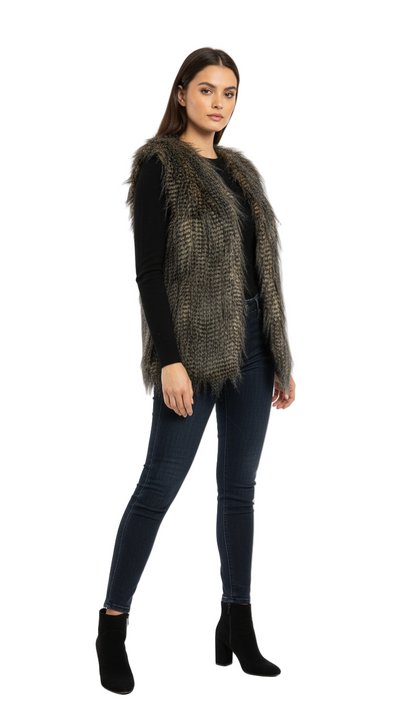 Woman wearing a dark brown textured scarf with a white background