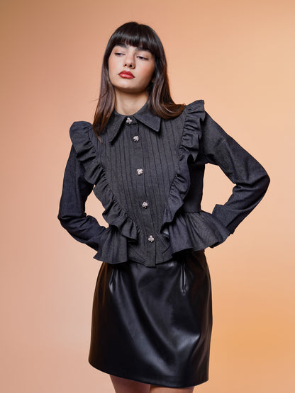 Black Denim Ruffle Shirt