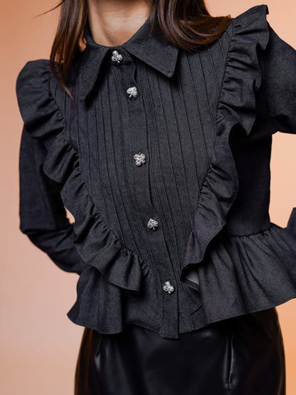 Black Denim Ruffle Shirt