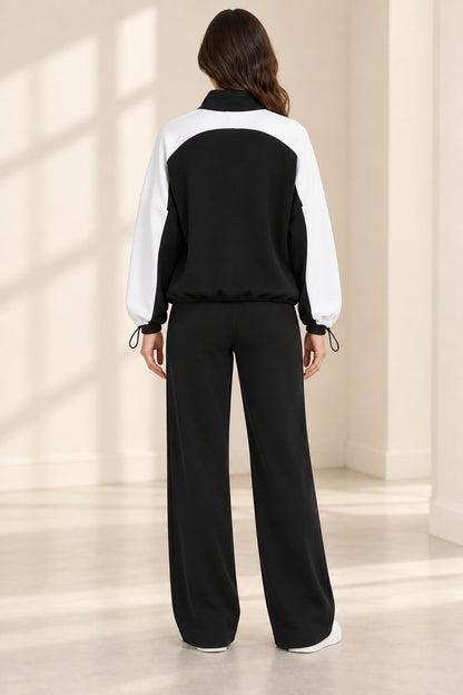 FD Basics black-and-white Contrast Half-Zip Two-Piece Set, model back view