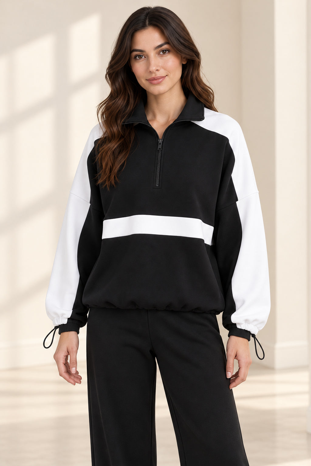 FD Basics black-and-white Contrast Half-Zip Two-Piece Set, model front detail