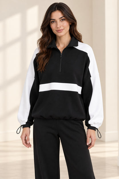 FD Basics black-and-white Contrast Half-Zip Two-Piece Set, model front detail