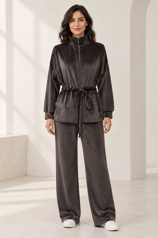 Model wearing the FD Basics Dark Grey zip-neck drawstring top and matching wide-leg trousers.