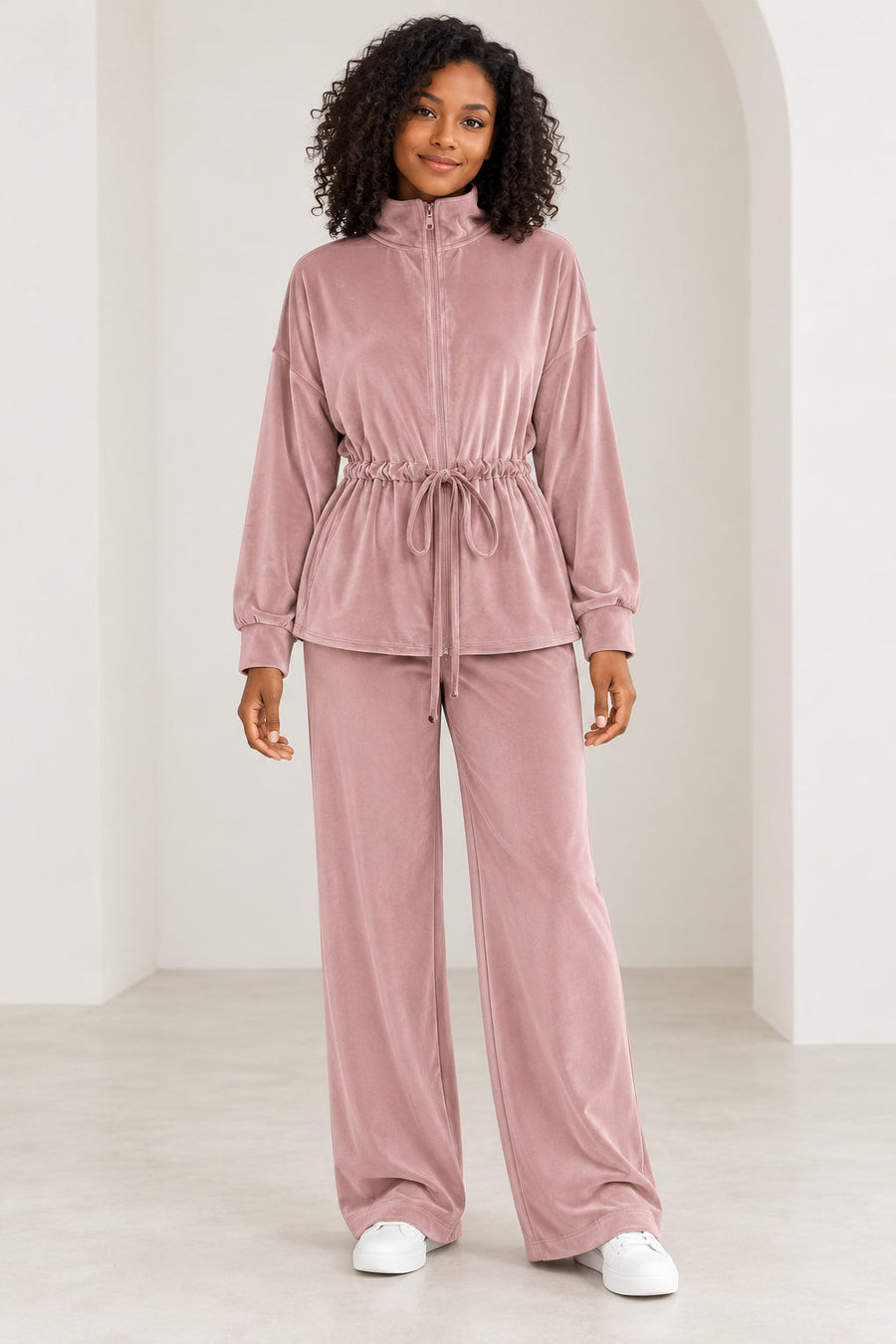 Zip-Neck Drawstring Set — Dusty Pink