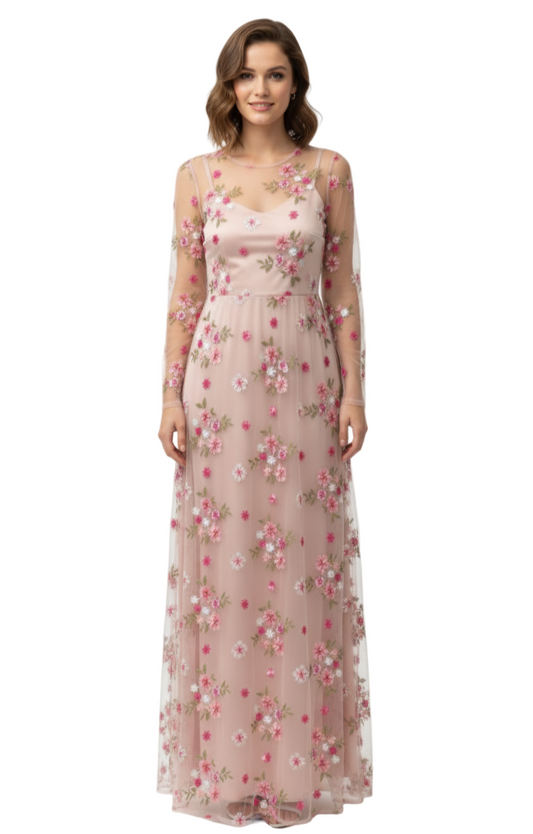 Woman wearing a floral dress on a white background