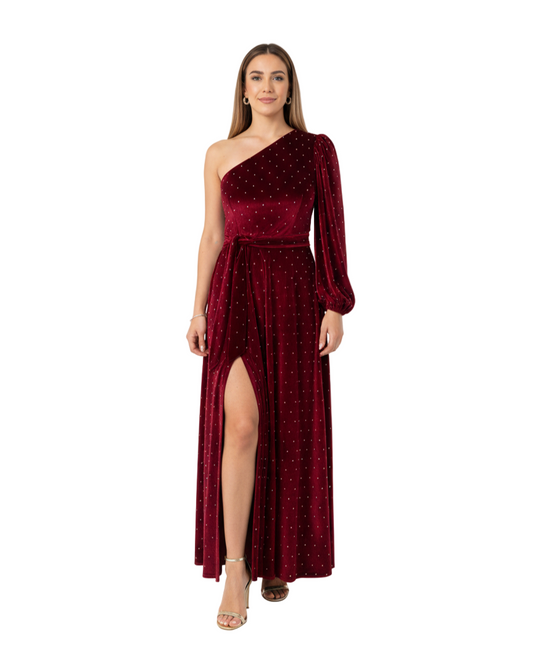 Woman wearing a burgundy one-shoulder dress with a slit on a white background