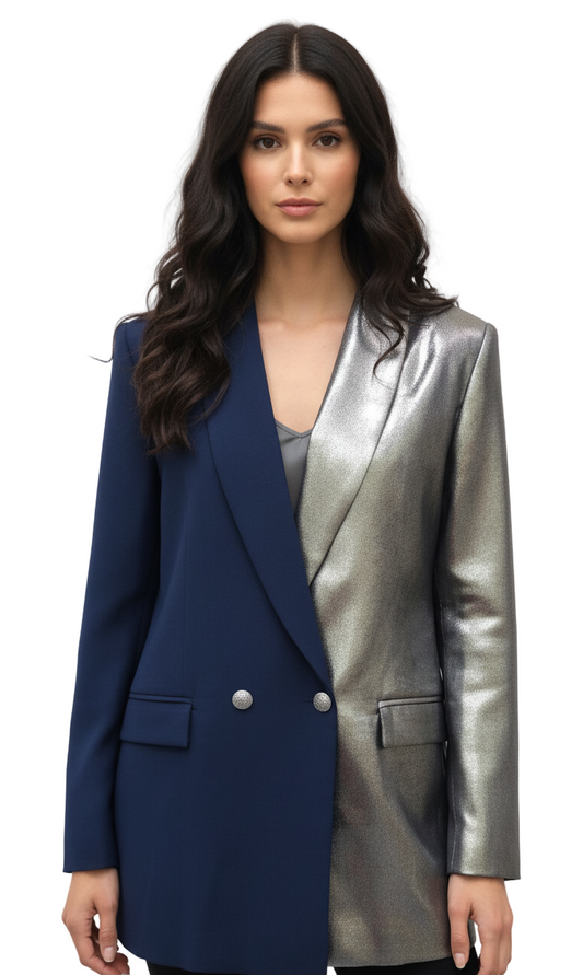 Woman wearing a two-tone blazer with blue and silver sections on a white background