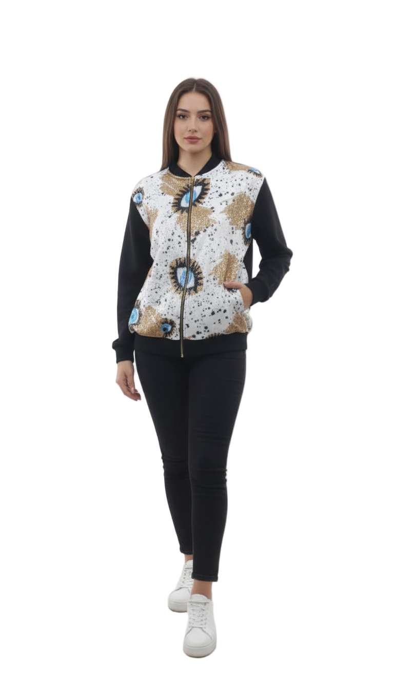 Woman wearing zip-up bomber jacket